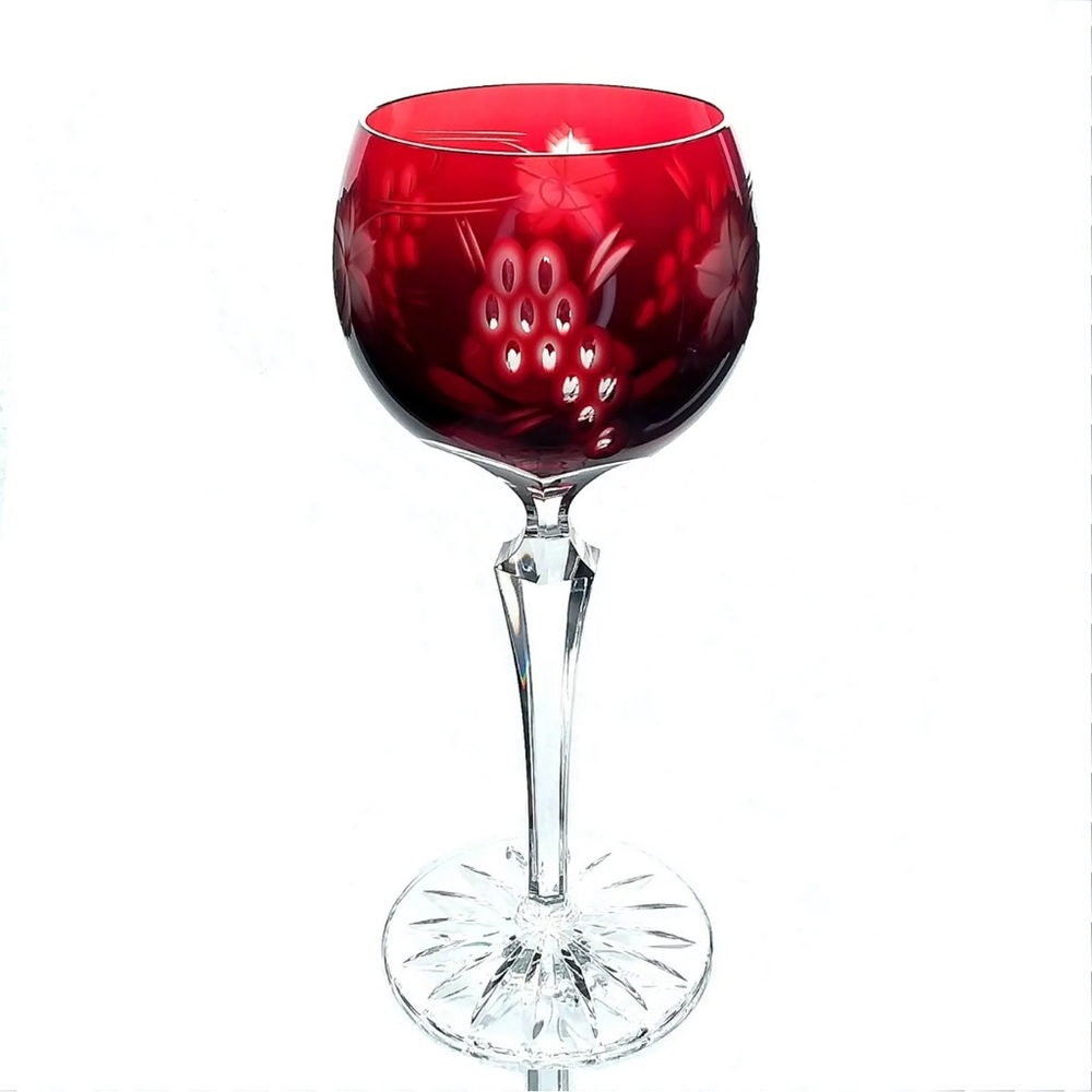 Vtg 60s Bohemian Ruby Red Cut To Clear Crystal Wine Hock Goblet Glass European